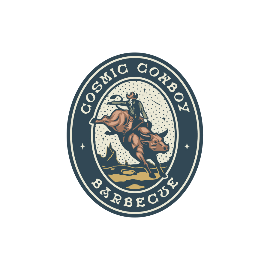 Cosmic Cowboy BBQ - Full Badge logo design by logo designer Pioneer Design for your inspiration and for the worlds largest logo competition